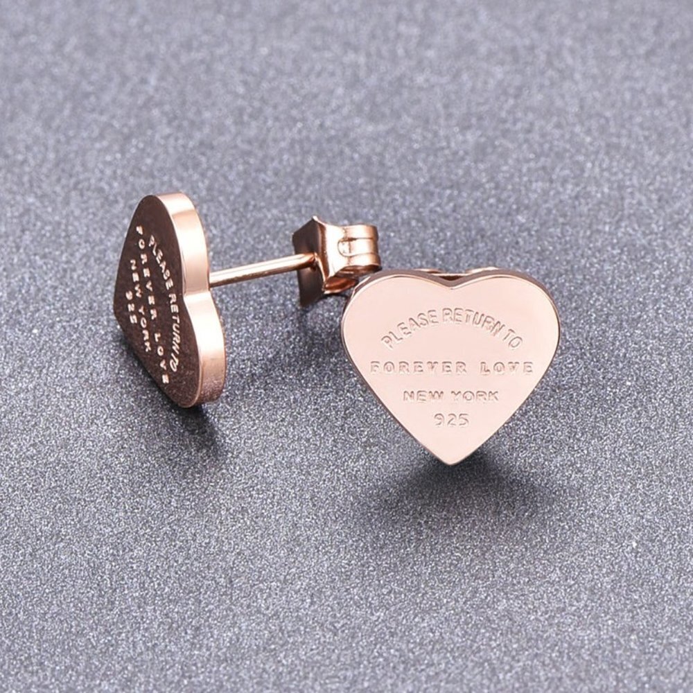 Earrings jewelry heart love stud studs rose gold tone dainty modern fashion new - Picture 2 of 2